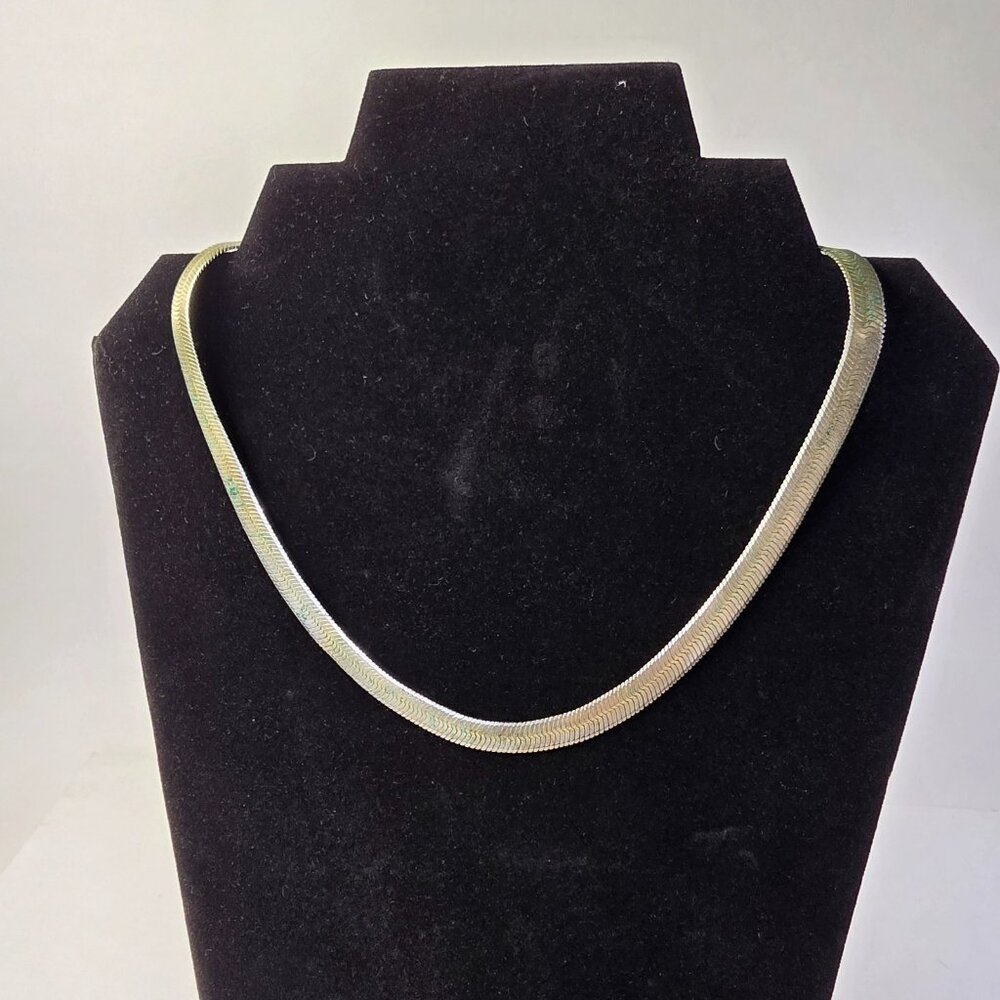 Vintage Silver Tone Herringbone Chain Necklace 18” Flat Snake Link Metal Wear